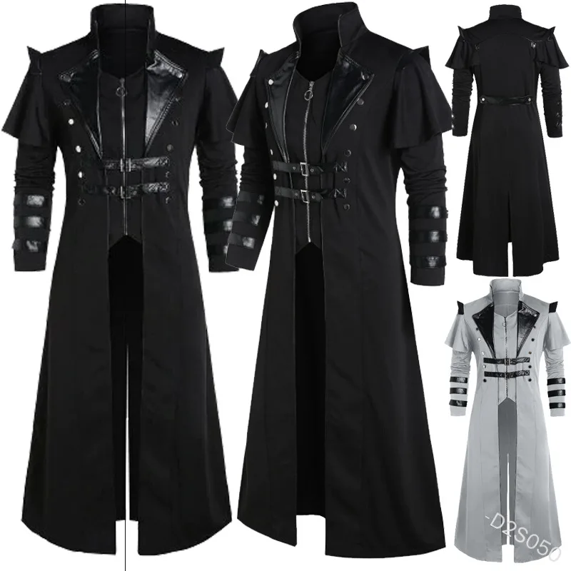 Костюм пиратский в стиле стимпанк на Хэллоуин, черный Винтажный Длинный пиджак с разрезом для взрослых, Готическая броня, кожаные пальто