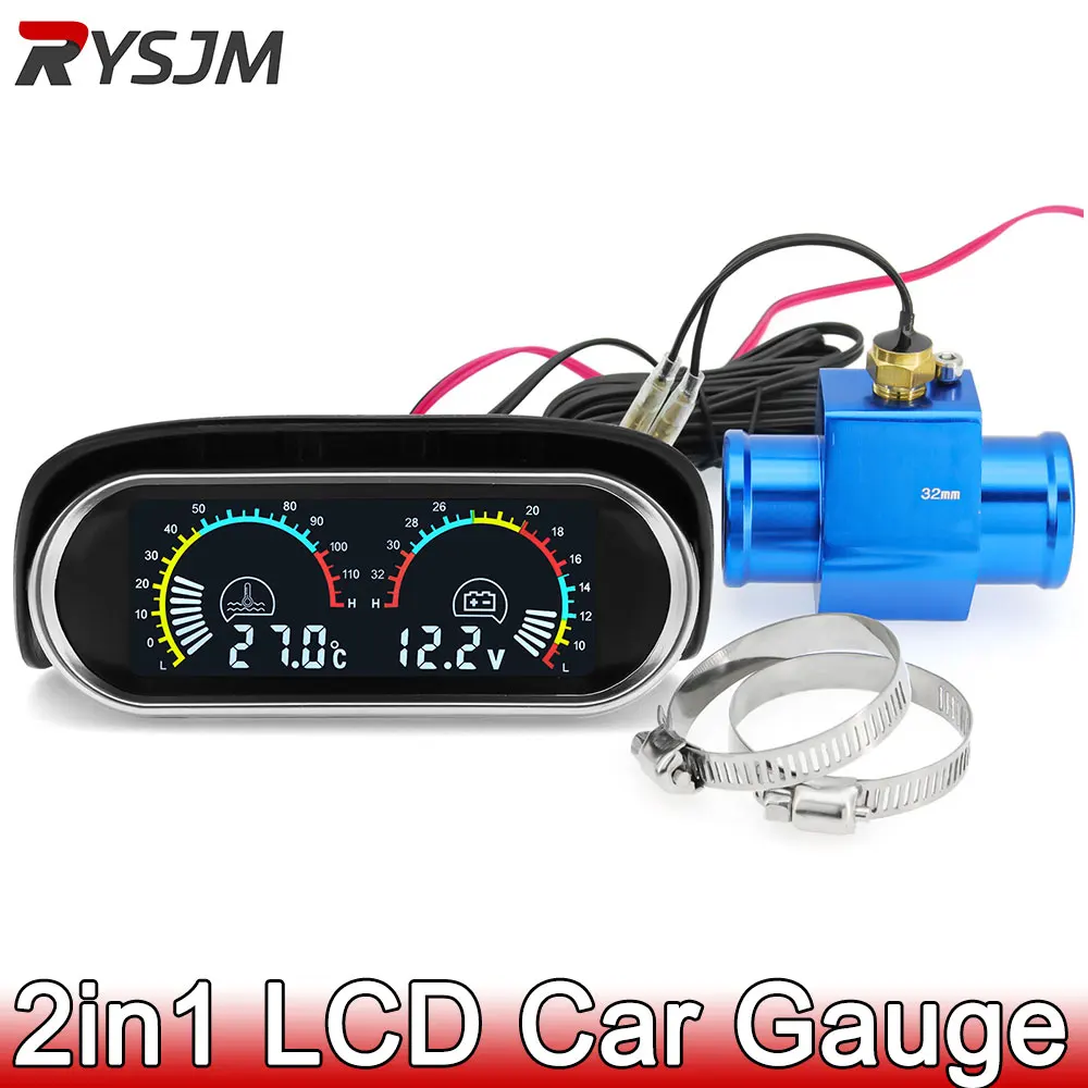 12V 24V 2 IN 1 LCD Digital Truck Car Water Temperature Gauge Voltage 1/8 NPT 10mm Temperature Sensor Adapter 26-40MM Joint Pipe automobile gauge lcd gauge voltmeter digital temperature gauge water temperature gauge