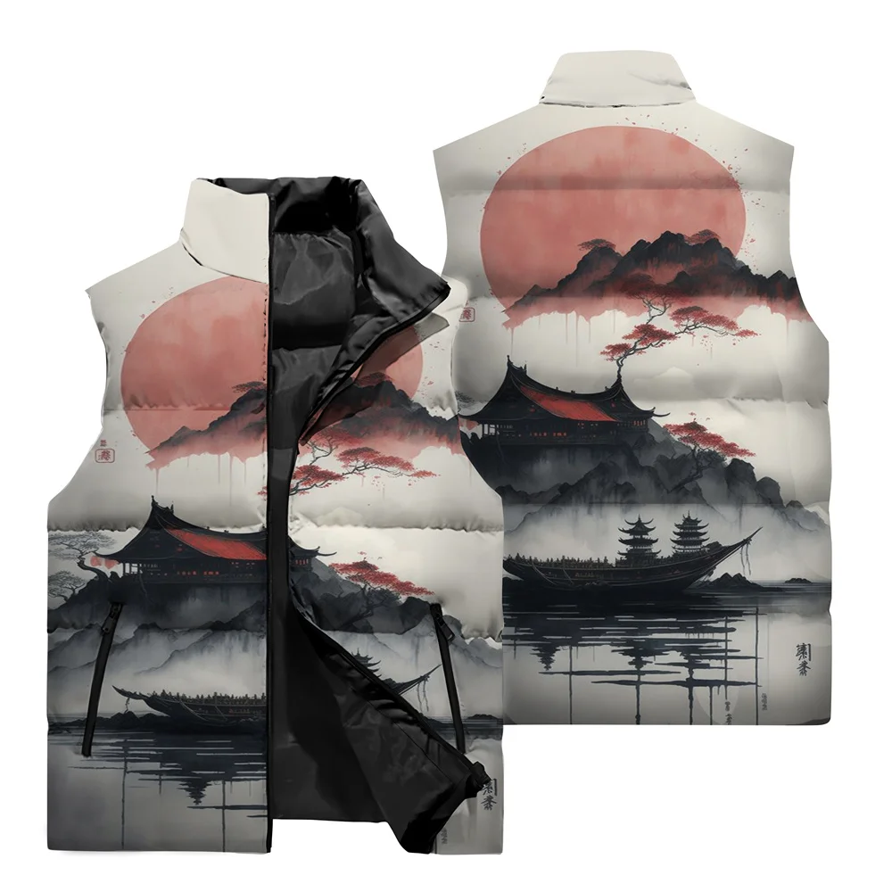 thumbnail image 2 of Chaleco sin mangas de otoño e invierno para hombre, nuevo, con estampado japonés Ukiyoe, ropa para exteriores, para caminar por la calle, resistente al viento, cálido, chaleco superior, 2 of 5