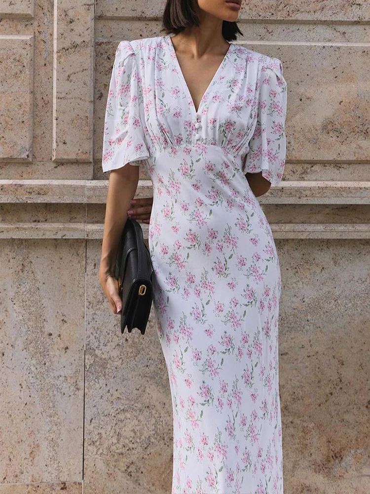 เดรสลายดอกไม้ฤดูร้อน คอวี แขนสั้น ทรงเข้ารูป เอวสูง
