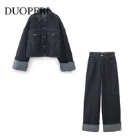DUOPERI Women Fashion 2 Pieces Sets With Pocket Denim Blue Jackets & Front Zipper Trousers Feamle Chic Lady Pants Sets