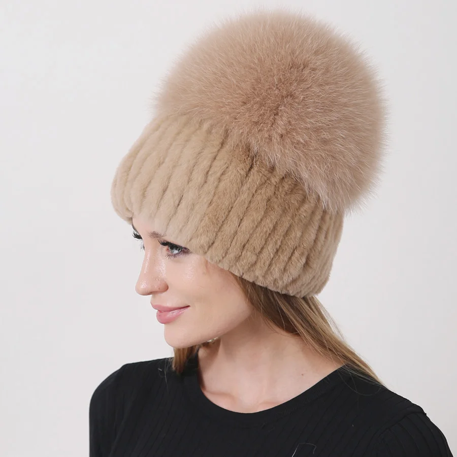 Winter natürliche Kaninchen Pelzmütze russische Frauen Echtpelz Fuchs Pompon gestrickt warme Hüte – Detail 5