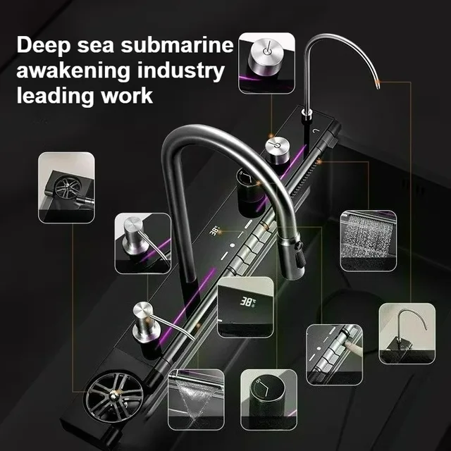 อ่างล้างจานสแตนเลส 304 แบบน้ำตก ดีไซน์หรูหราทันสมัย พร้อมจอแสดงผล LED ชุดก๊อกน้ำอ่างล้างจานพร้อมที่จ่ายสบู่และแก้ว 4