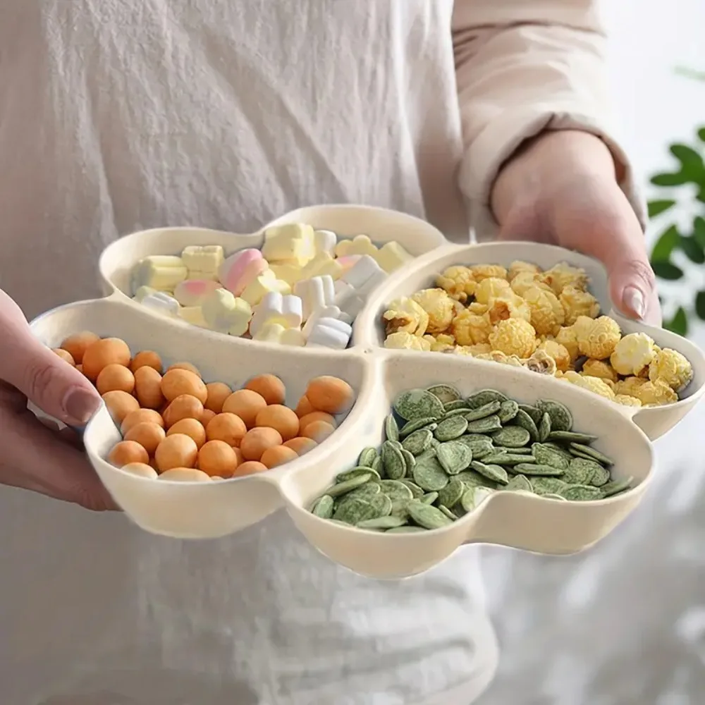 Wheat straw appetizer serving platter unbreakable 4-compartment food storage tray four leaf clover shape snacks serving wheat straw plates