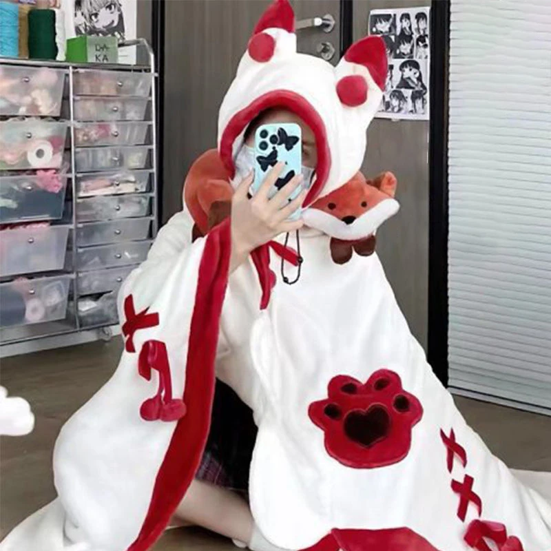 

Kuromi Fox Plush Velvet Cloak Pajamas Anime Shawl Shark Foxes Sleepwear Adults Winter Thickened Pajamas Female Bat Blanket Cape