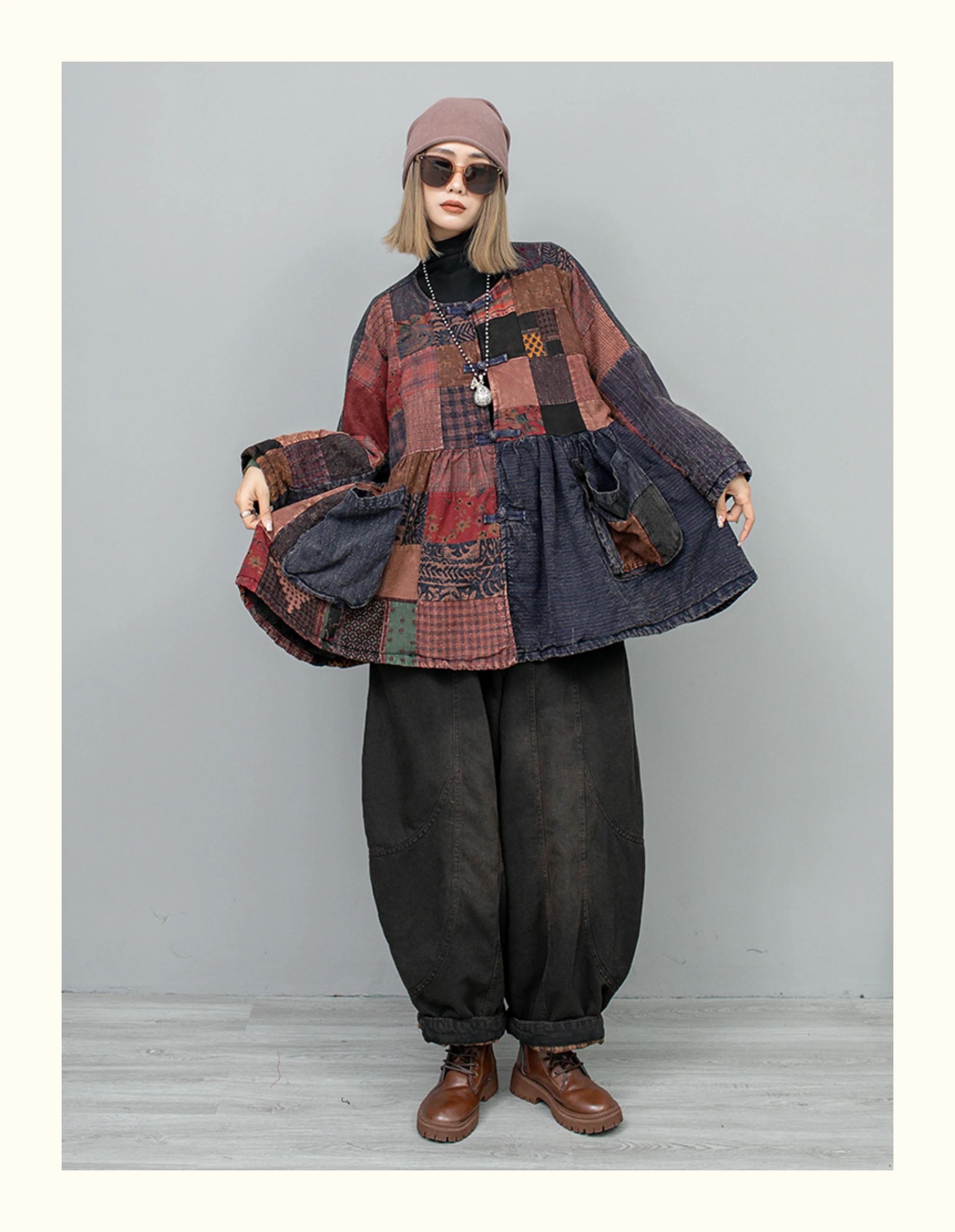

Padded Cardigan Coat Women Patchwork Vintage Oversized Round Neck Big Swing Thick Warm Streetwear Personalized Cool Jacket