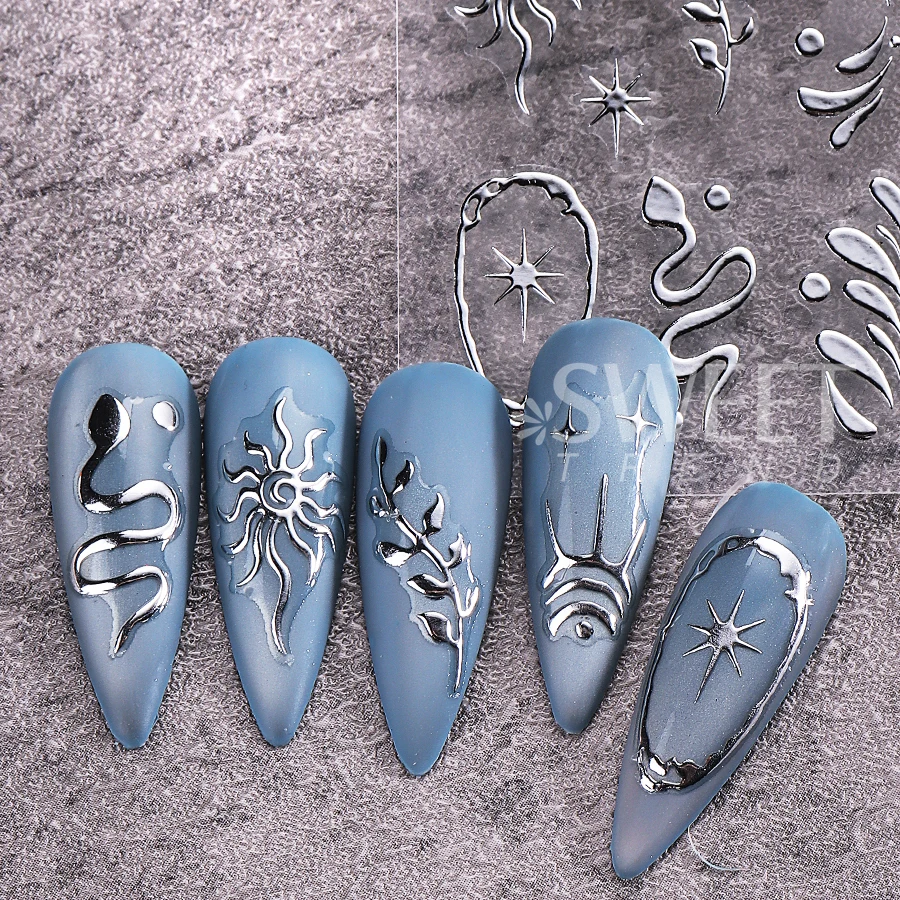 2pcs Metallic Leaves Snake Nail Stickers 3D Gold Silver Stars Sun Line Design Nail Decals DIY Holographic Manicure Slider Decor