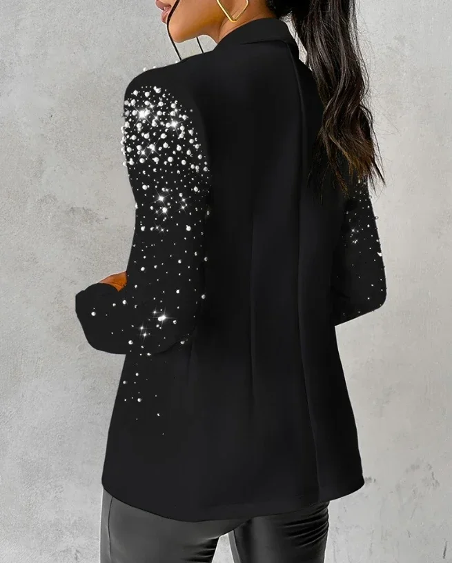 2024 New Blazer Woman Autumn Fashion Beaded Elegant Temperament Shawl Collar Plain Long Sleeve Work Blazer Coat Office Lady