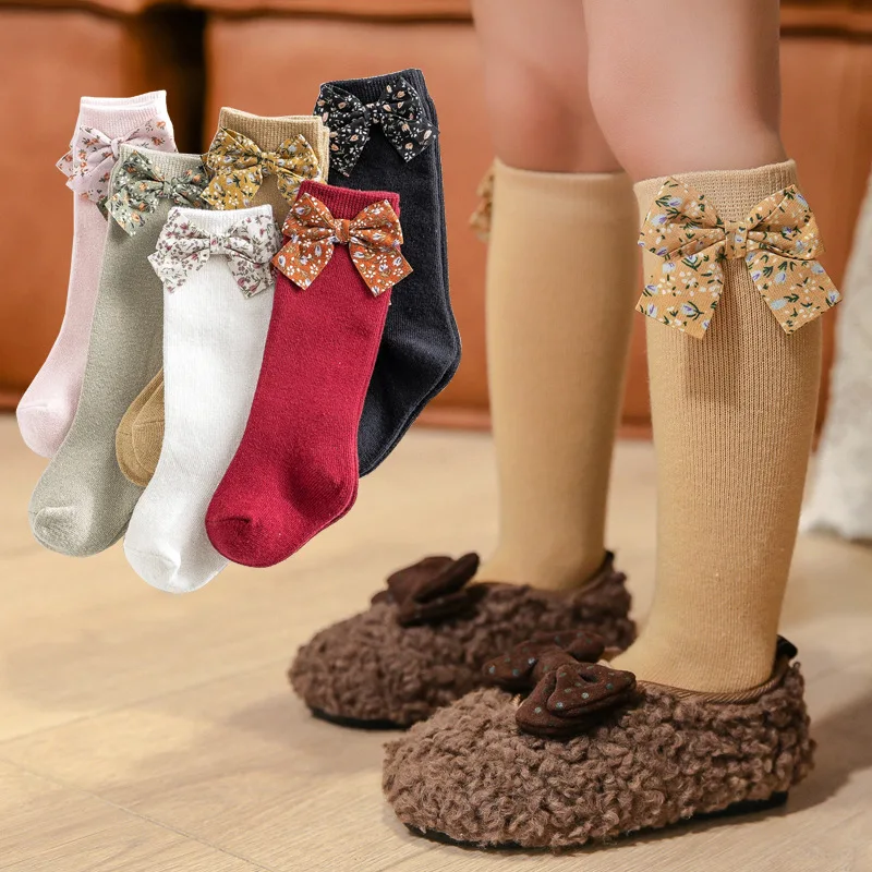

Newborn Baby Long Tube Socks Flower Bows Soft Todders Girls Cotton Sock Knee High Children's Casual Socks For 1-3Year