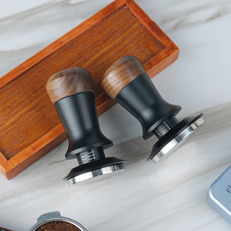 Espresso Coffee Tamper 51/53/58mm Walnut Adjustable Height Constant Force Stainless Steel Base Internal Spring