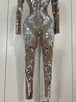 2025 New Sexy Shiny Silver Sequins Mirror Spandex Jumpsuit Women Prom Dancer Singer Costume Evening Birthday Show Stage Outfit - Image 6