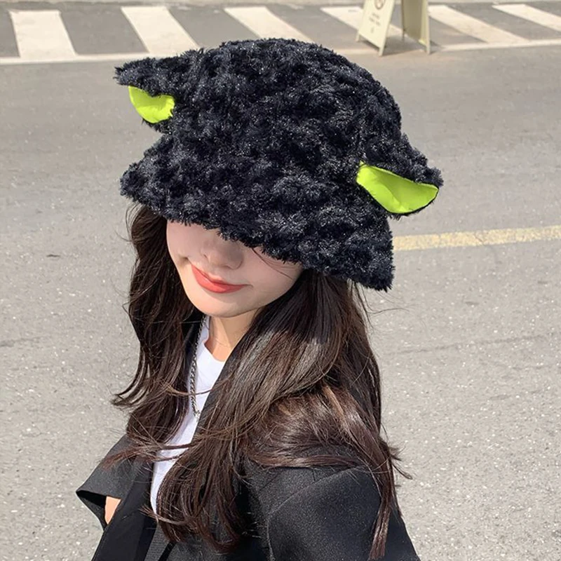 

Women Winter Plush Sheep Ear Hat for Women Girls Lamb Faux Fur Bucket Hats Outdoor Fisherman Cap Warm Thicken Velvet Caps Panama