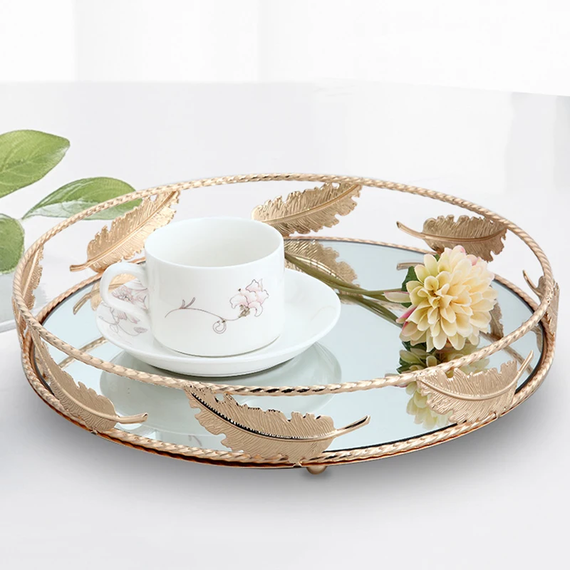 PEANDIM Minimalist Round Mirror Tray Desktop Cosmetics Jewelry Storage Tray Wedding Party Display Living Room Household Dessert 4