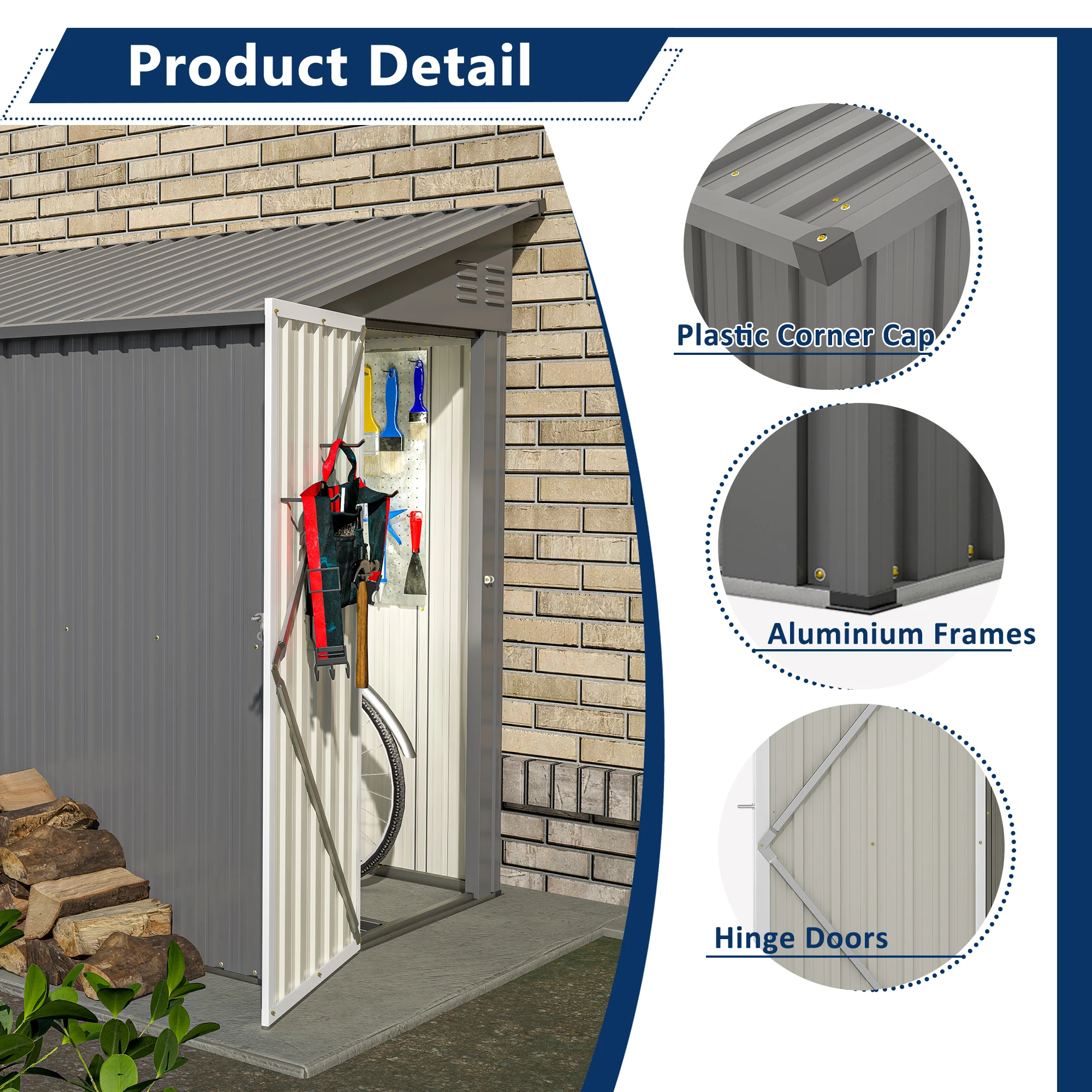 LZBEITEM 4' x 8' Metal Wall Side Storage Sheds & Outdoor Storage, Garden Storage Cabinet for Backayrd,Grey - Image 6