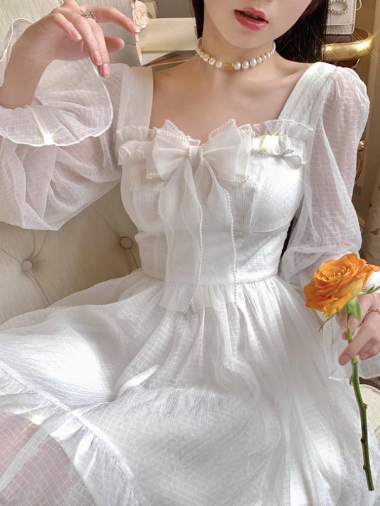 

Милая сказочная юбка, белое кавайное платье, женские шифоновые Стильные мини-платья с длинным рукавом, сказочный халат с бантом и оборками, в стиле пэчворк, с квадратным вырезом