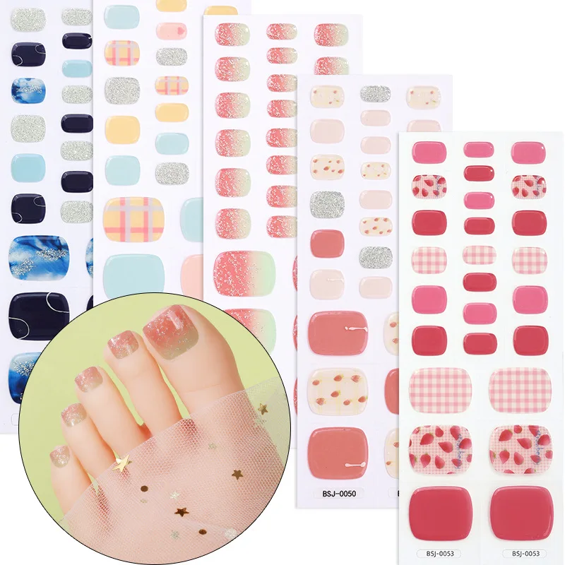 

26 Strips Toe Gel Nail Sticker 3D Phototherapy Waterproof Korean Semi Cured Foot Gel Nail Art Wraps Get Hard After the UV Light