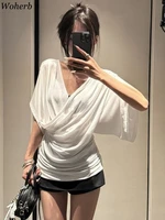 Tops plissés sexy à col en V pour femme, style Y2K, Ropa Mujer, mode, tous styles, t-shirts d'été, nouveaux vêtements coréens à manches courtes pour femmes 2026 1
