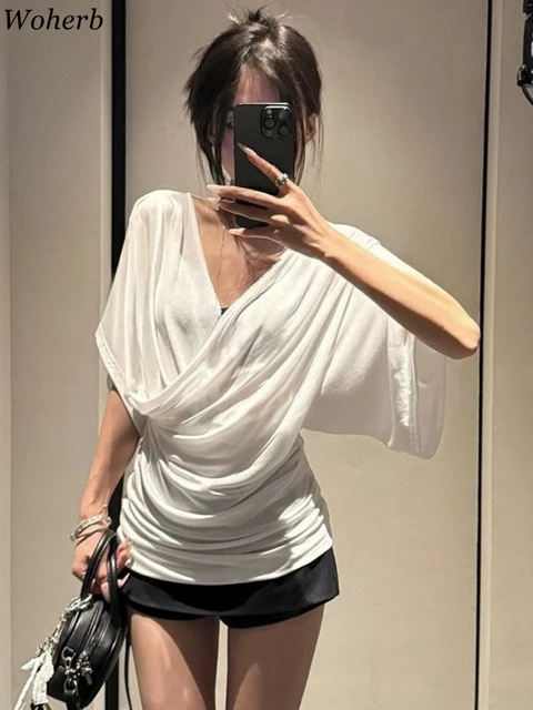 Tops plissés sexy à col en V pour femme, style Y2K, Ropa Mujer, mode, tous styles, t-shirts d'été, nouveaux vêtements coréens à manches courtes pour femmes 2026 1