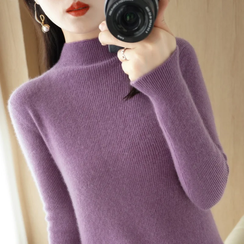 

Autumn Winter Women Sweater 2023 Long Sleeve Mock Neck Warm Knit Pullovers Korean Fashion Bottoming Shirts High Strecth Jumper
