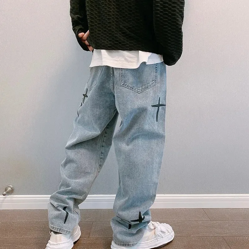New Fashion Men Stars Prints Jeans Y2K Clothes Hip Hop Baggy Wide Leg Pants Drapes Straight Cargo Trousers Pantalon Homme men jeans,mens jeans,jeans trousers,denim trousers,cargo pants,mens casual trousers