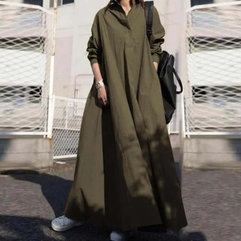 

Ladies Cotton Linen Dress Stylish Women's V-neck Long Sleeve Shirt Dress Solid Color Loose Sundress for Spring Autumn Casual