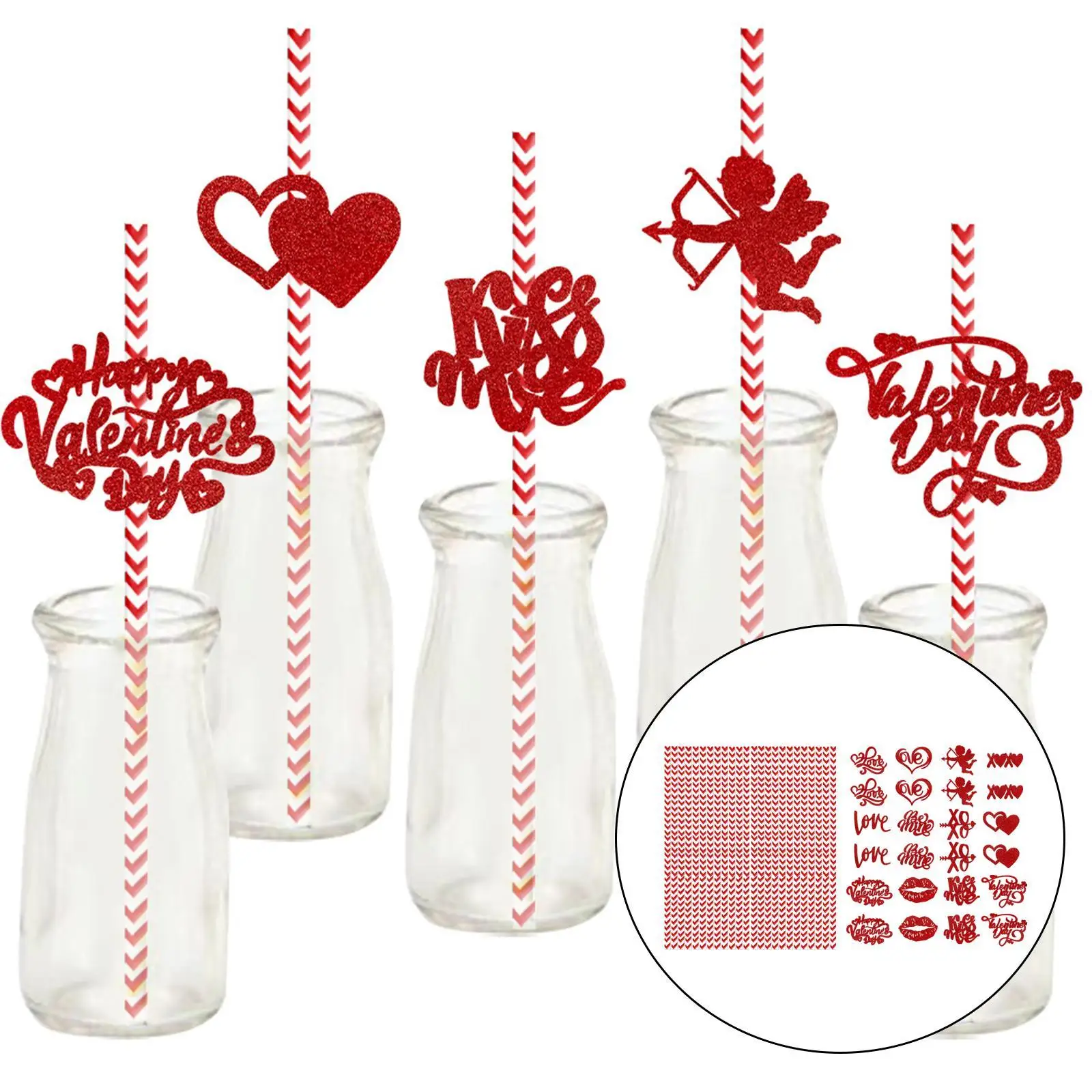 24x Valentines Day Paper Straws for New Year Holiday Love Theme Parties