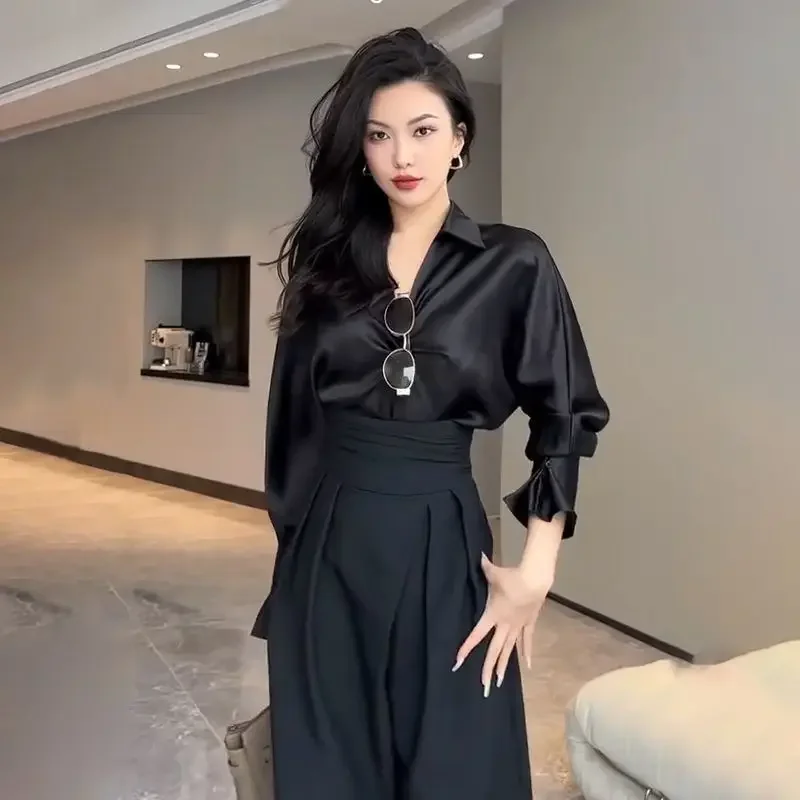 2025 Black Design Wide-Leg Pants Women's Slimming Suit Pant Magic High Waist Loose Straight Drooping Mopping Casual Trousers