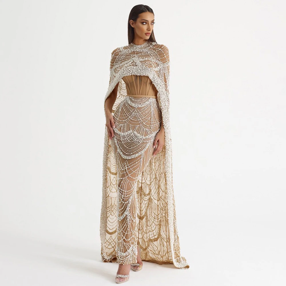 Sec01a17cd92540fc95d71a59540bcd57J Arabic Nude Mermaid Long Cape Sleeves Luxury Evening Dresses Gowns For Women Wedding Party Mallzona