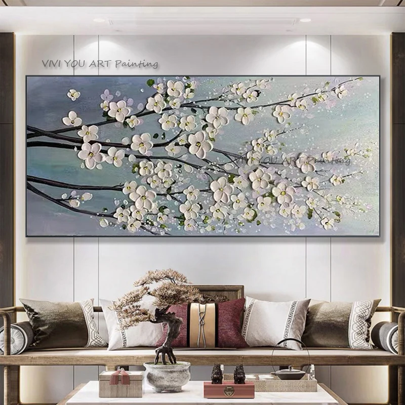 

Handmade Nature Oil Painting on Canva Flower Wall Art Large Plum Blossom Picture Mural Picture Color Room Decor for Living Room