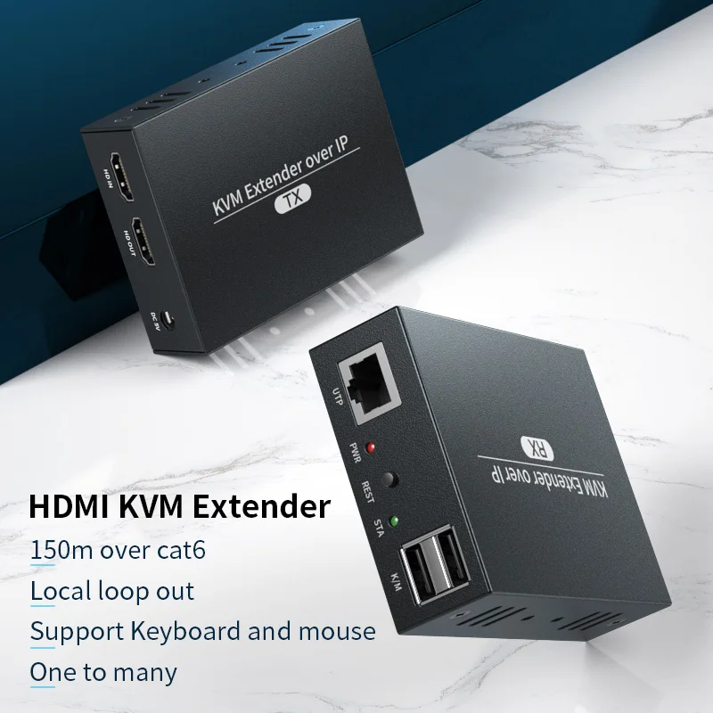 Hdmi Kvm Extender Su Ip Uno A Molti Rj45 Ethernet Network Hd Kvm Trasmettitore Usb Hdmi 150M Su Cat5E Cat6 Utp Ricevitore Kvm