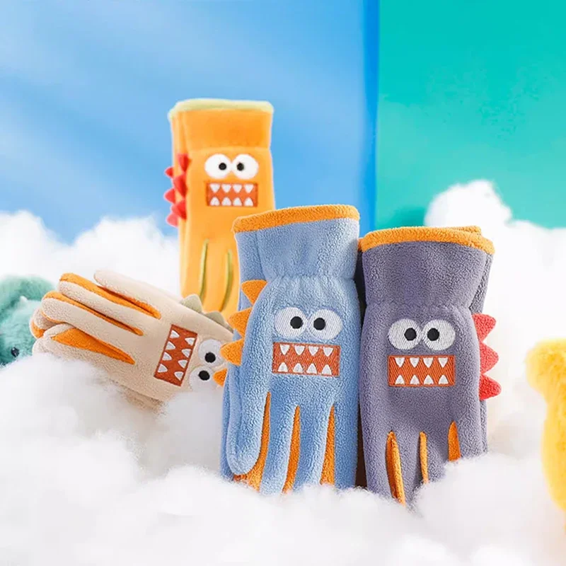 5-12 Years Kids Winter Gloves Cartoon Shark Embroidery Coral Fleece Gloves Boy Girl Outdoor Thicken Warm Riding Children