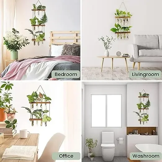 Wall Hanging Test Tube Glass Planter Plant Vase with Wooden Stand & Strings Rope Glass Planter Plant Terrarium  (2 Layer)