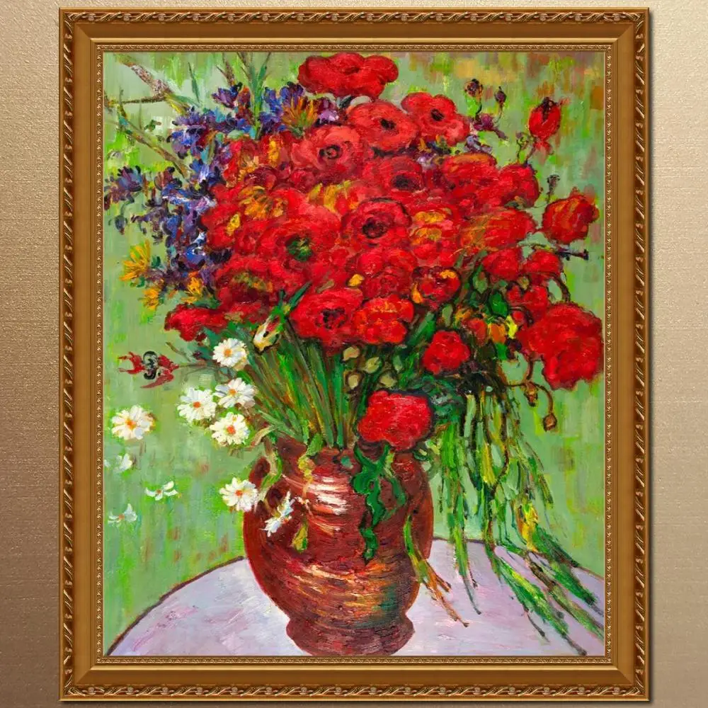 Vase with Daisies Poppies Vincent Van Gogh Flower Painting Framed Canvas Art Hand Painted Famous
