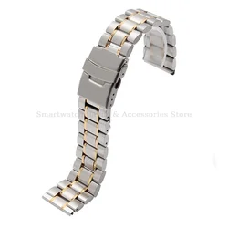 Stainless Steel Curved End Luxury Watch Bracelet with Folding Buckle - 24mm (Silver Gold)