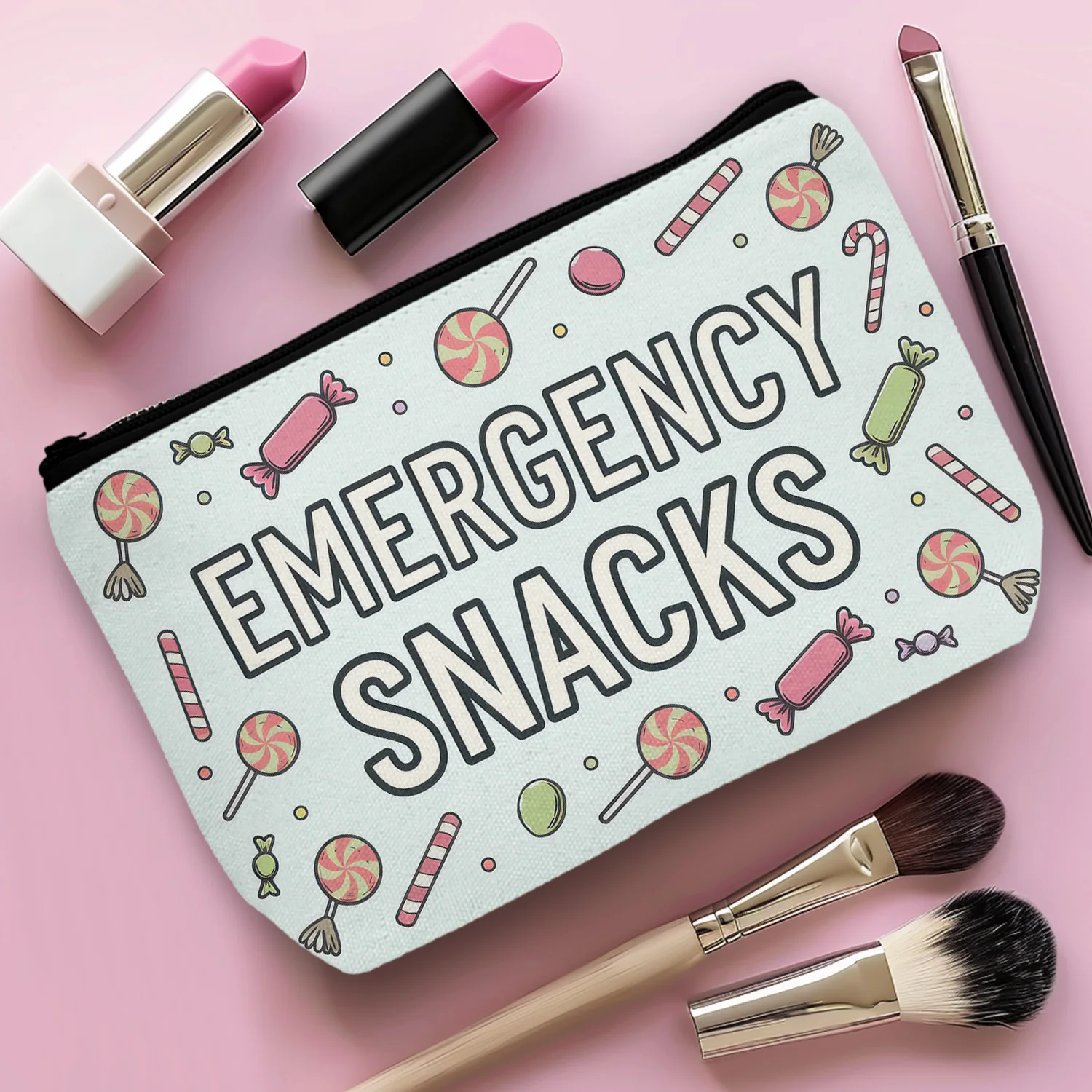 1Pc Emergency Snacks Pattern Reusable Cosmetic Bag Durable And Stylish With Zipper Portable Women'S Cosmetic Bag Suitable For 3