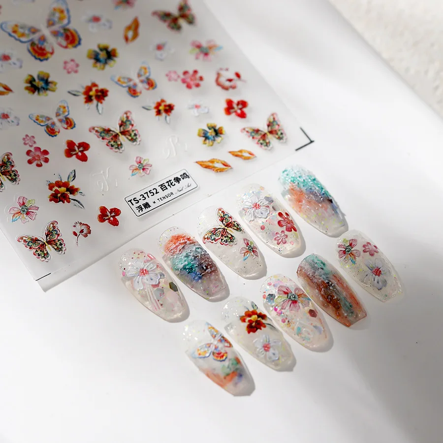 5D Relief Gorgeous Colorful Flowers Butterfly Complete In Beauty Adhesive Nail Art Stickers Decals Manicure Ornaments Suppliers 2