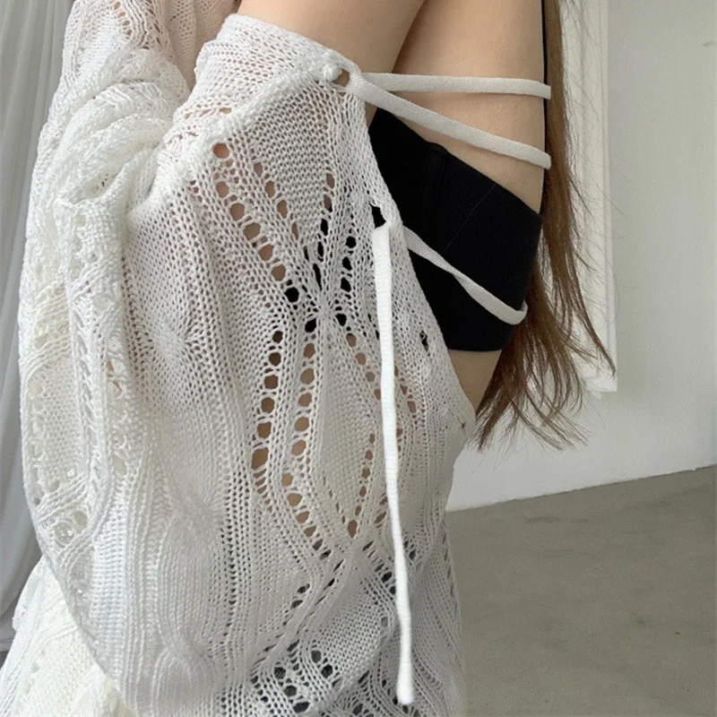 Hollow Out Lace Up Top New Long Sleeve Sunscreen Cover Up Thin Knitted Women Blouse Loose Air-conditioning Casual Shirts
