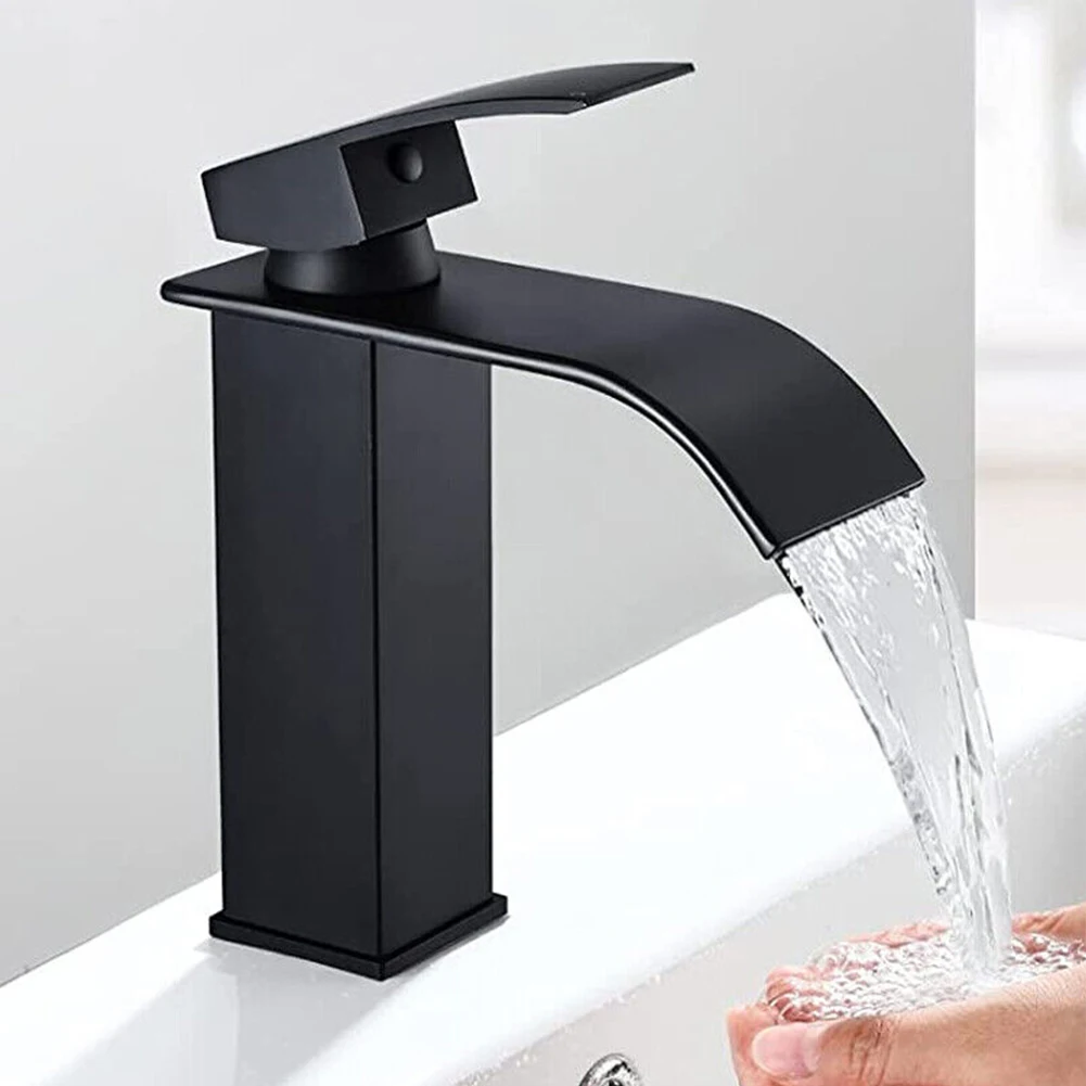 

Black Bathroom Stainless Steel Waterfall Deck Mounted Faucet Bathroom Vanity Single Handle Hot And Cold Water Sink Faucet