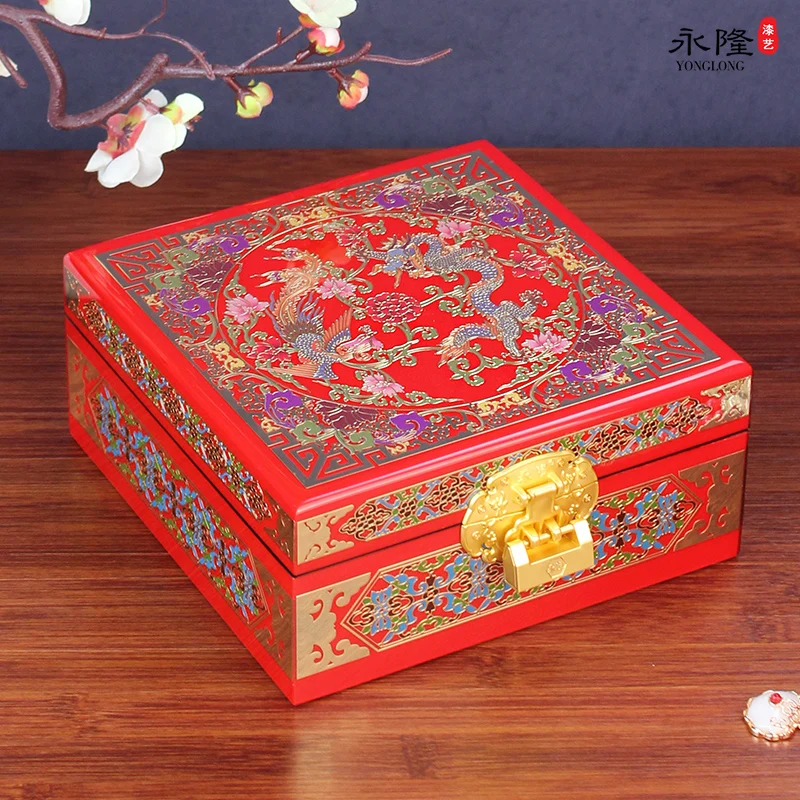 

Pingyao Lacquer Dowry Jewelry Box Red Retro Three Gold Jewelry Storage Box Exquisite Wooden Wedding Gift Organizer Box