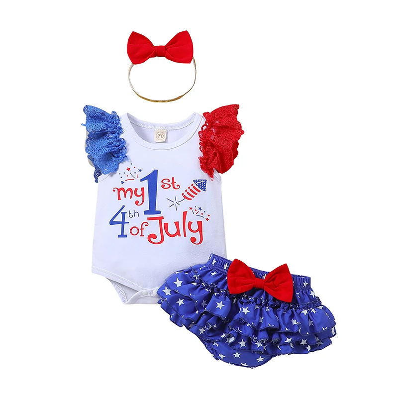 

4th of July Baby Girls Outfits Letter Print Lace Fly Sleeve Rompers Bowknot Ruffles Stars Print Shorts Headband 3Pcs Clothes Set