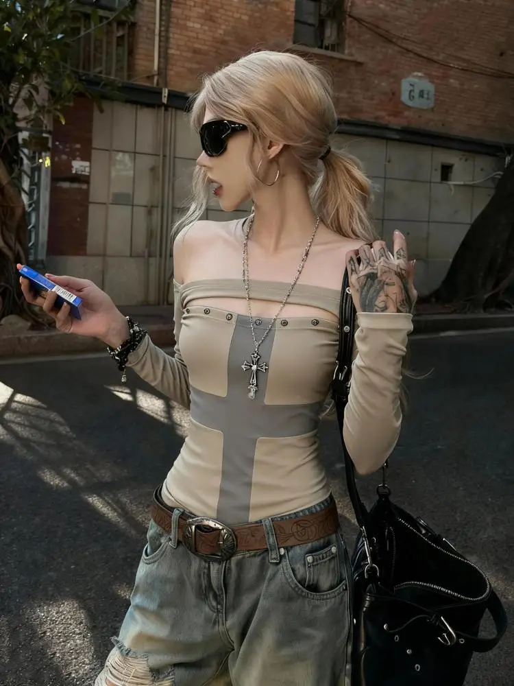 Erwofeina Patchwork Cross Graphic T Shirts Women Clothes Long Sleeve 2000s Clothes Y2k Hollow Out Tees Female Spring Tops Autumn 3