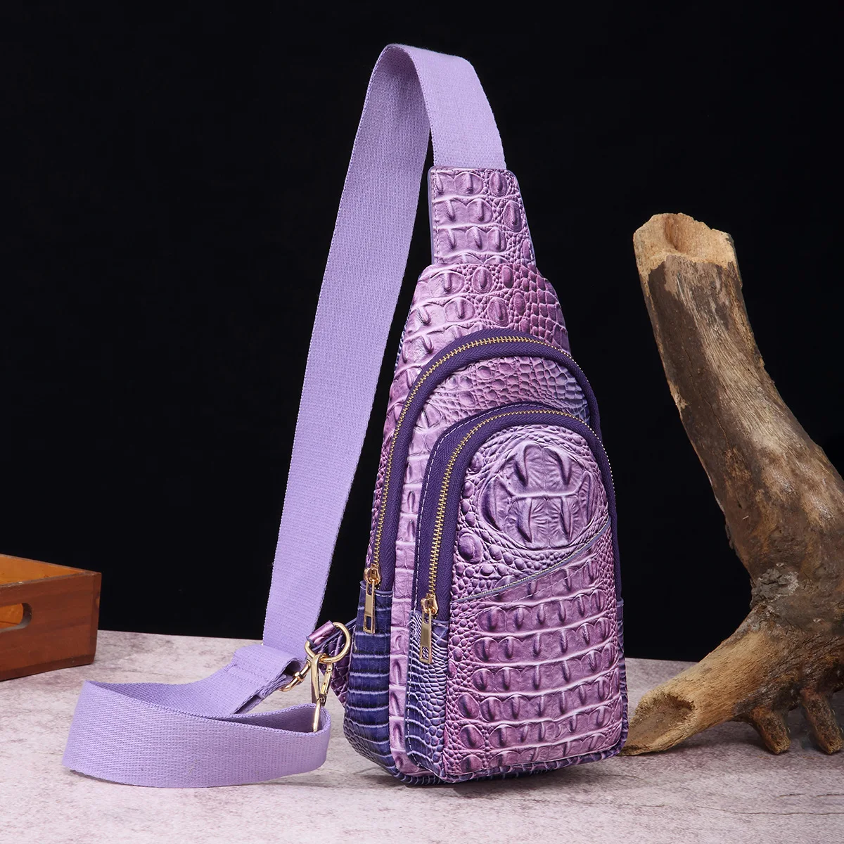 Crocodile Embossed Women’s Satchel Chest Bags Purse Elegant Crossbody Bag Wide Shoulder Strap Fashion Casual PU Retro Daypack