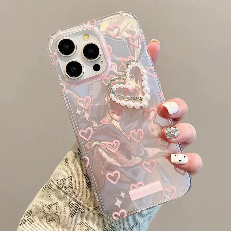 Love Heart Pearl Y2K Flash Case with Chain Cover
