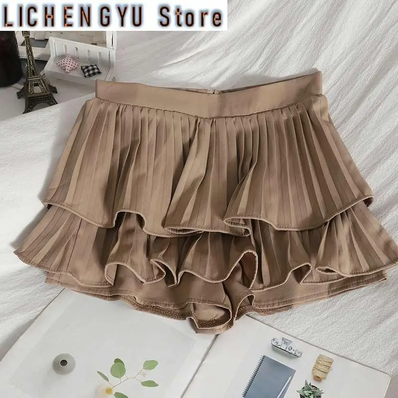 New Summer Shorts Skirts Women Sweat Fashion All-match Shorts High Waist Slim Ruched Cake Mini Skirts Wide Leg Shorts Lady
