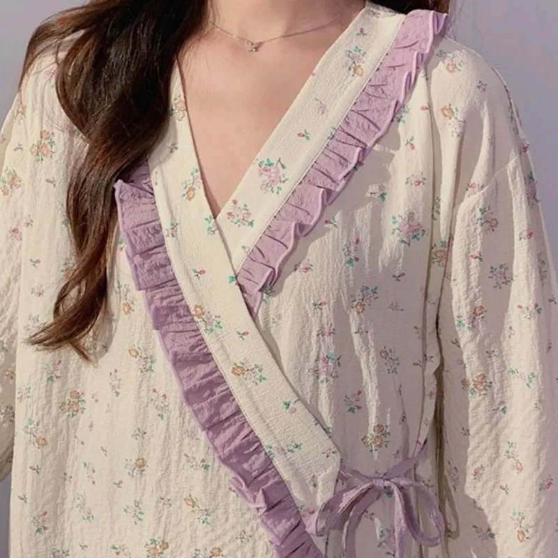 Korean Version Sweet Women's Nightdress Spring and Autumn Lace-up Pajamas Loose Casual Home Wear Mid-length Lacework Nightdress