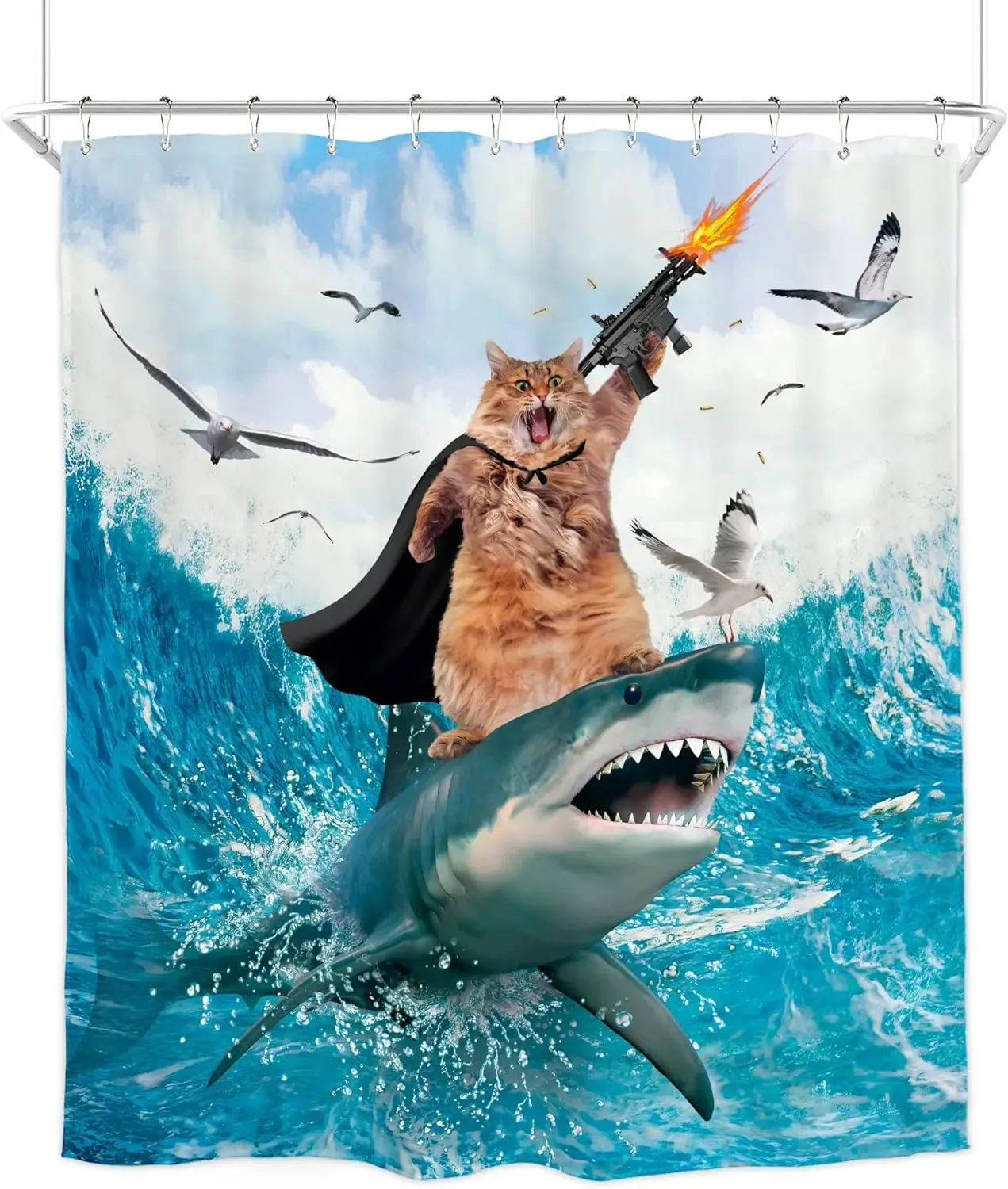 Lustiger Duschvorhang – Katze Reitet Auf Hai Im Kanagawa-Wellen-Design, 170x178 Cm
