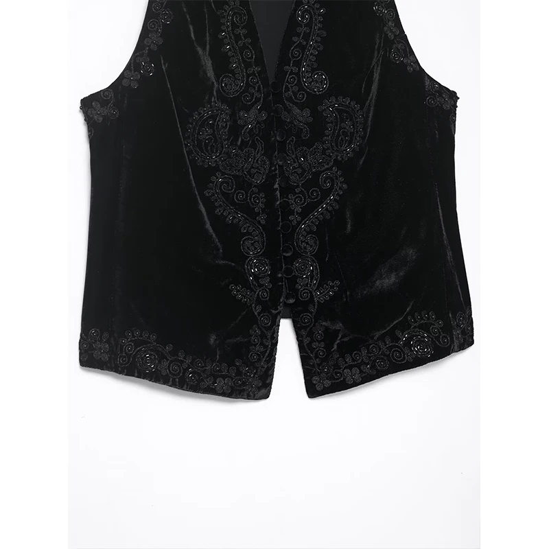 Chic Fashion Bead Embroidery Vest Woman Faux Suede Vests For Women V Neck Sleeveless Front Lace Up Waistcoat Vintage Crop Top