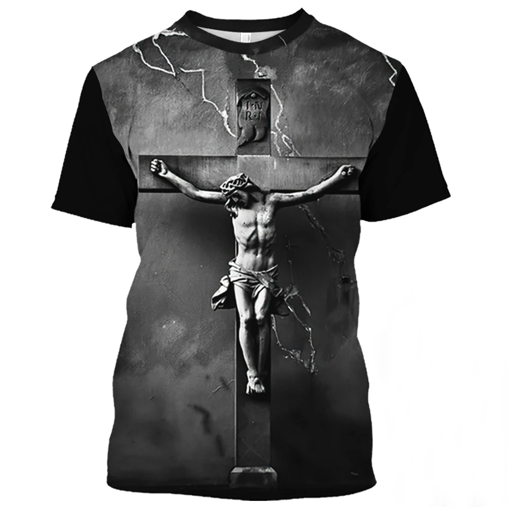 Jezus Christ Patroon T-Shirt Voor Heren Zomer Casual O-hals Oversized Korte Mouw Katholiek Print Sneldrogende Heren T-Shirts