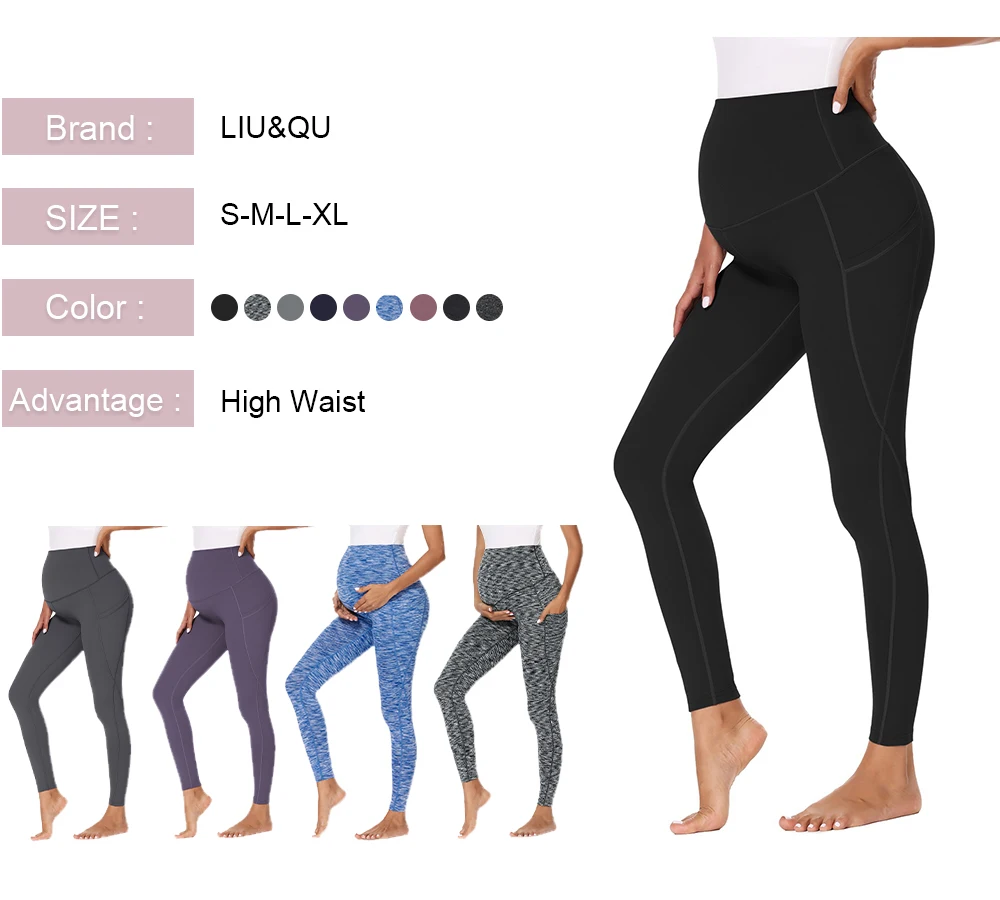 Womens Maternity Yoga Pants Pregnancy Mama Clothing High Waisted Workout  Pants with Pockets for Women Leggings