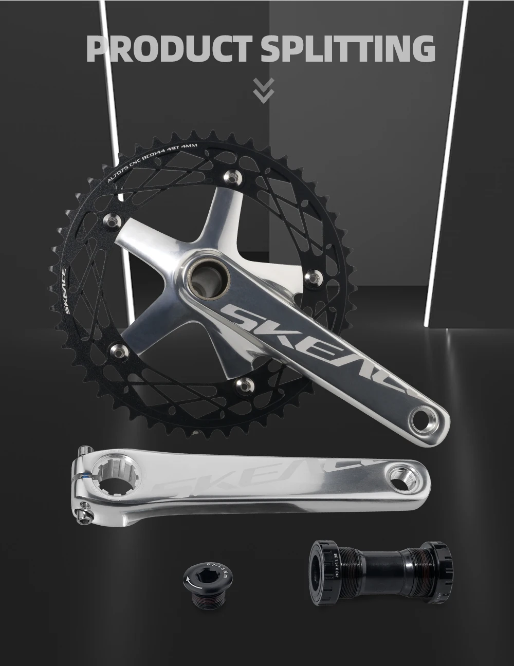SKEACE Fixed-Gear-Kurbelgarnitur 165mm Integriert 144 BCD Hollowtech Kurbel Ultraleicht Aluminiumlegierung Single Speed 49T Track-Bike-Teile – Detail 4